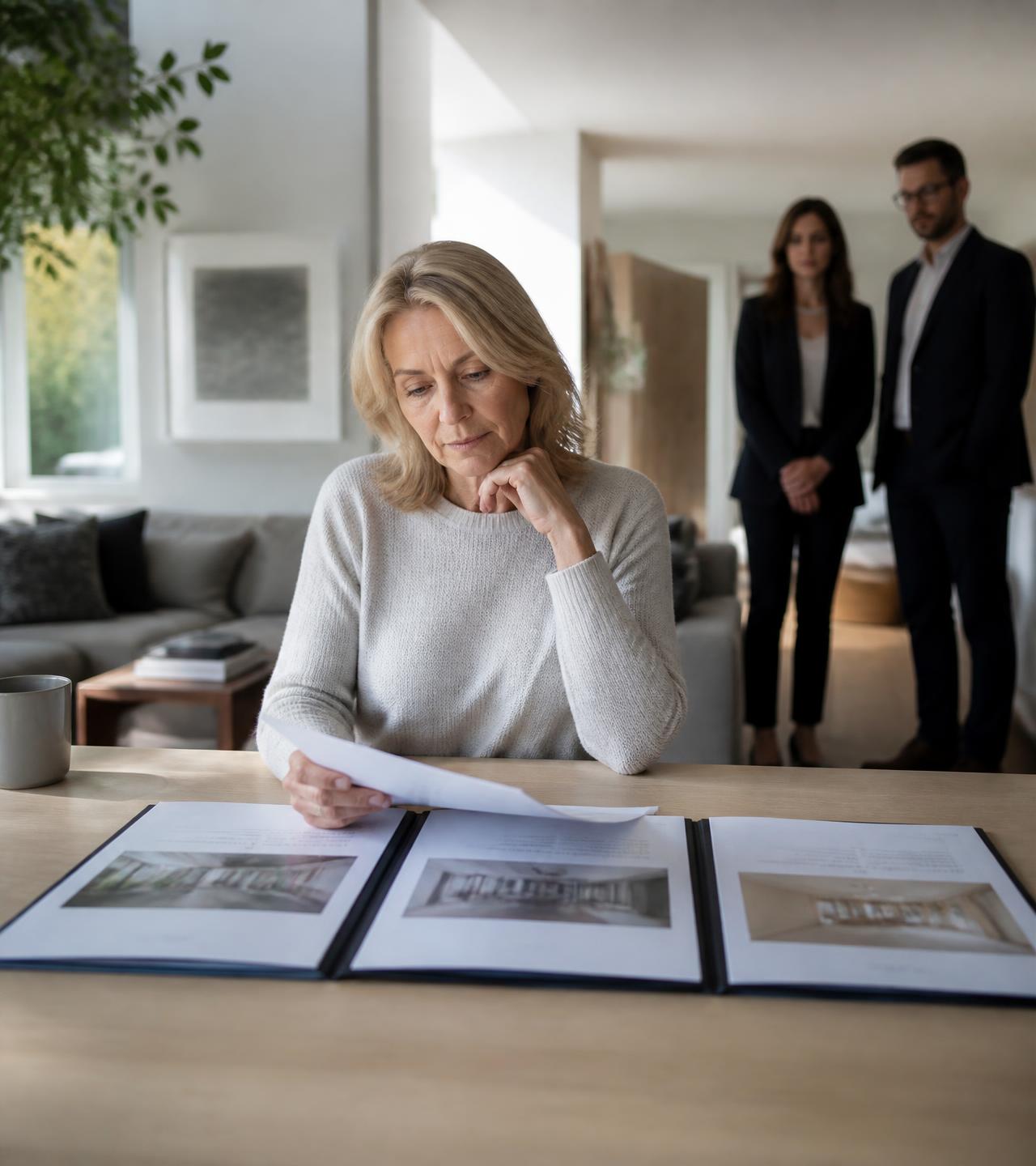 A homeowner reviewing three listing presentations at home while two more agents wait